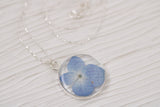 Blue Hydrangea Flower Necklace in Silver | Handmade Resin Botanical Necklace