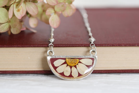 Burgundy and Silver Flower Half Moon Necklace