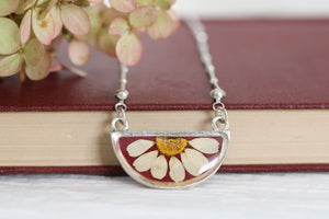 Burgundy and Silver Flower Half Moon Necklace