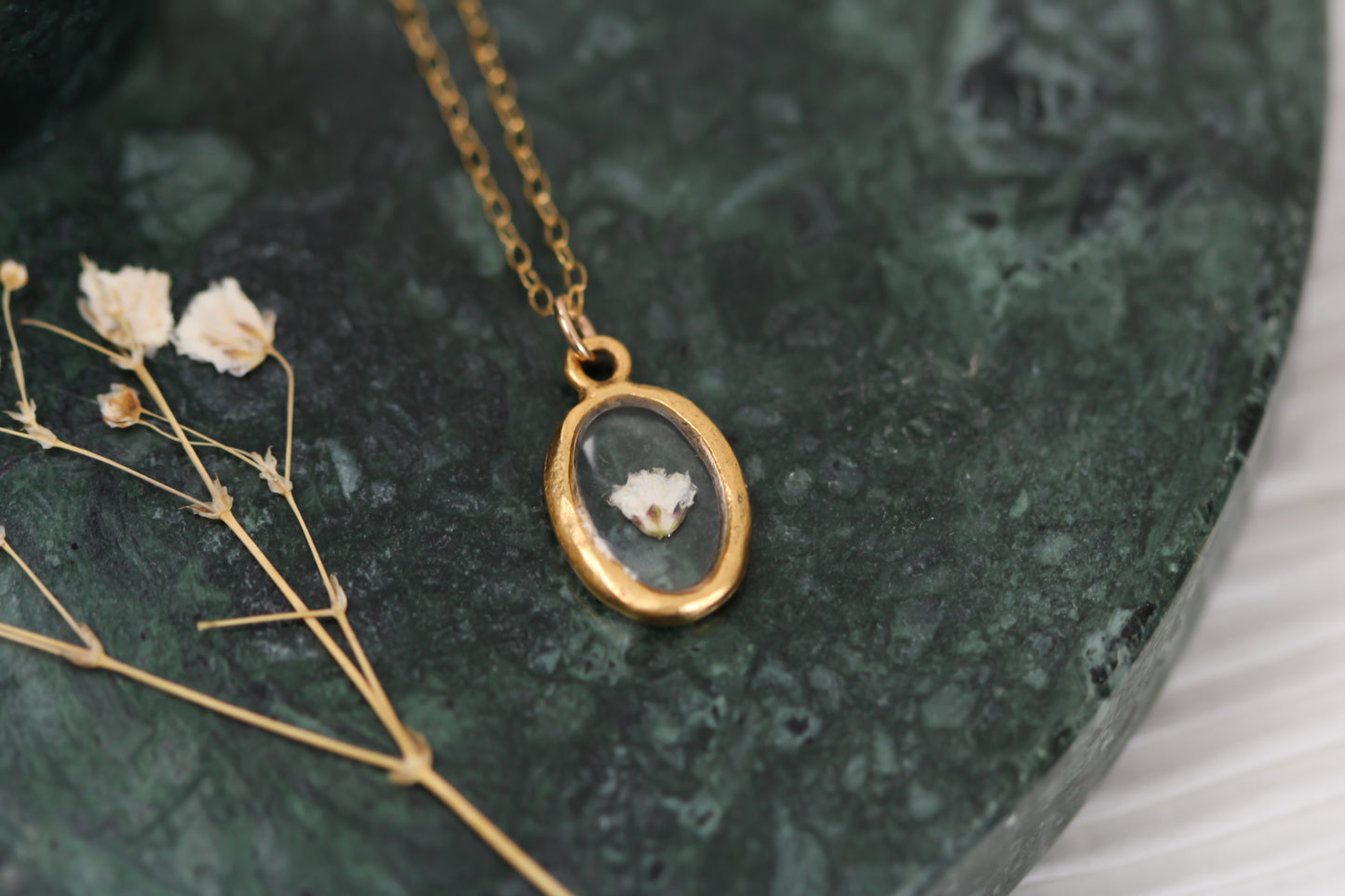 Gold Oval Resin and Flower Botanical Necklace | Handmade Baby’s Breath Necklace