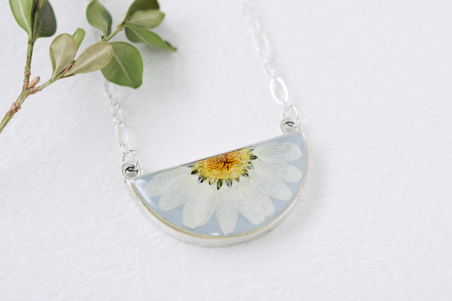 Light Blue and Silver Daisy Half Moon Necklace | Handmade Resin and Flower Necklace