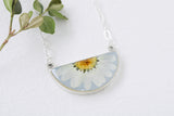 Light Blue and Silver Daisy Half Moon Necklace | Handmade Resin and Flower Necklace