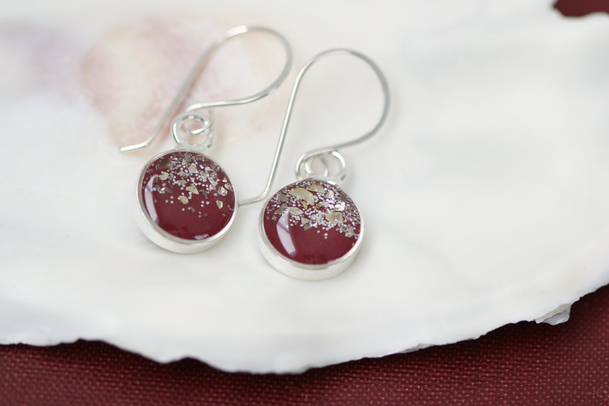 Burgundy and Silver Mini Glitter Charm Earrings