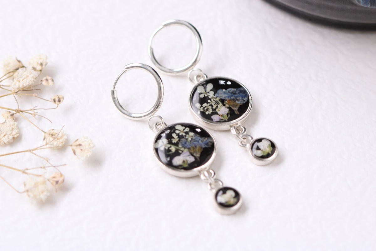 Black and Silver Floral Drop Earrings | Handmade Resin and Flower Earrings