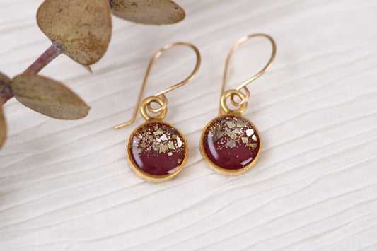 Burgundy and Gold Glitter Circle Dangle Earrings | Handmade Resin and Clay Earrings