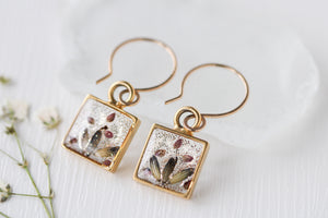 Gold Mini Square Earrings with Dried Lavender