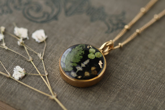 Gold Circle Necklace Black with Plants