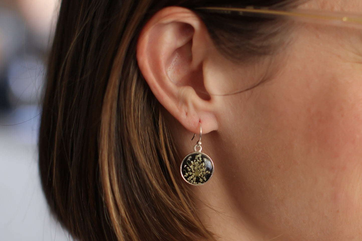 Real Queen Anne’s Lace Circle Earrings in Black and Silver - Handmade Resin and Flower Earrings