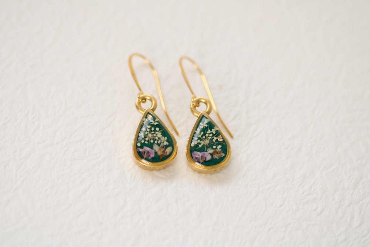 Gold and Dark Green Teardrop Earrings with Flowers