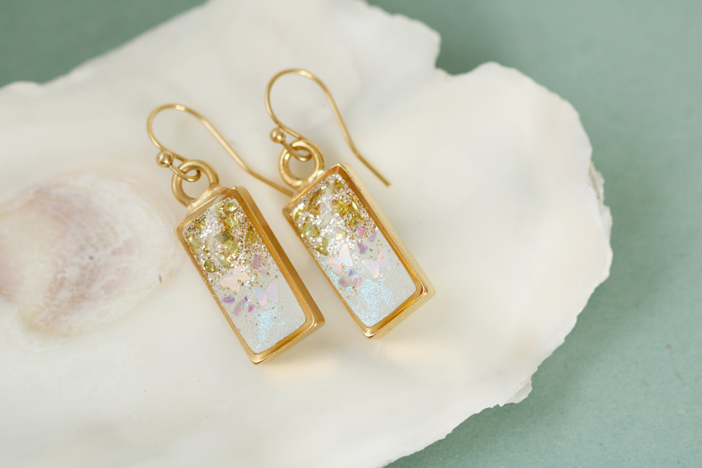 Gold Glittery Rectangle Dangle Earrings with Butterflies | Handmade Resin and Clay Ethereal Earrings