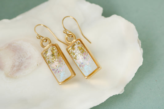 Gold Glittery Rectangle Dangle Earrings with Butterflies | Handmade Resin and Clay Ethereal Earrings