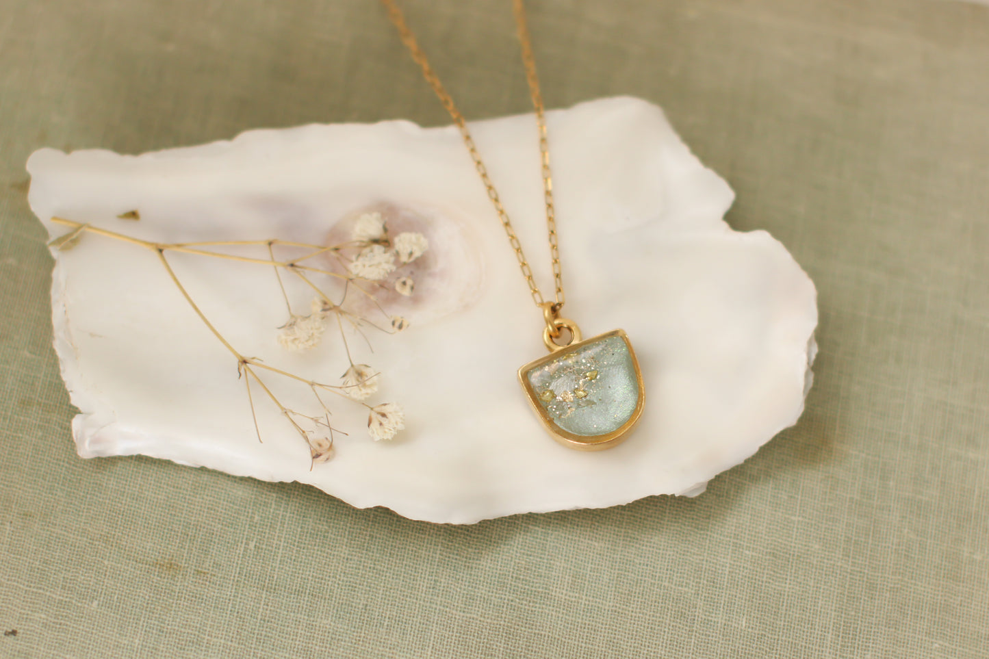 Gold and Sage Shimmer Half Oval Necklace | Handmade Resin and Clay Jewelry