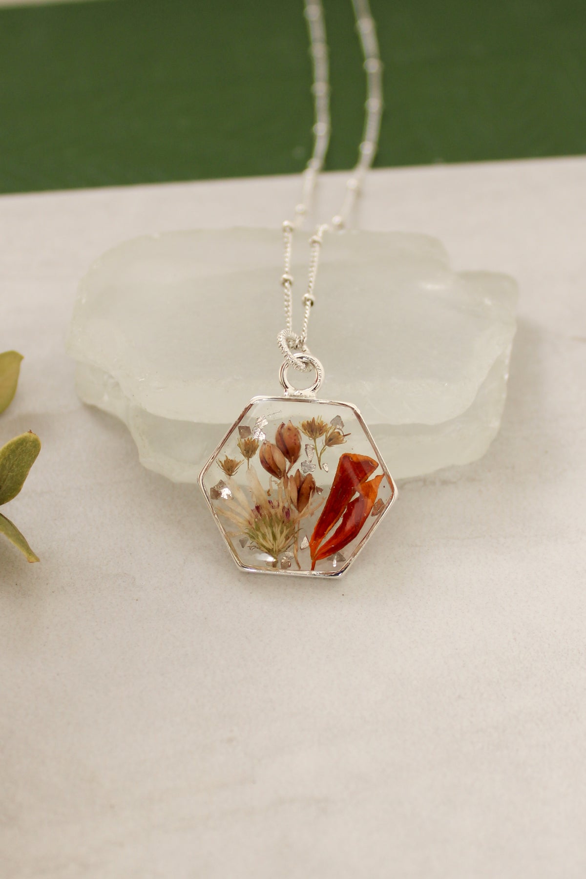 Silver Hexagon Necklace with Marigold and Flowers