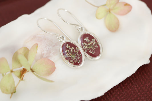 Burgundy Queen Anne’s Lace Tiny Oval Earrings in Silver- Real Flowers in Resin Handmade Earrings
