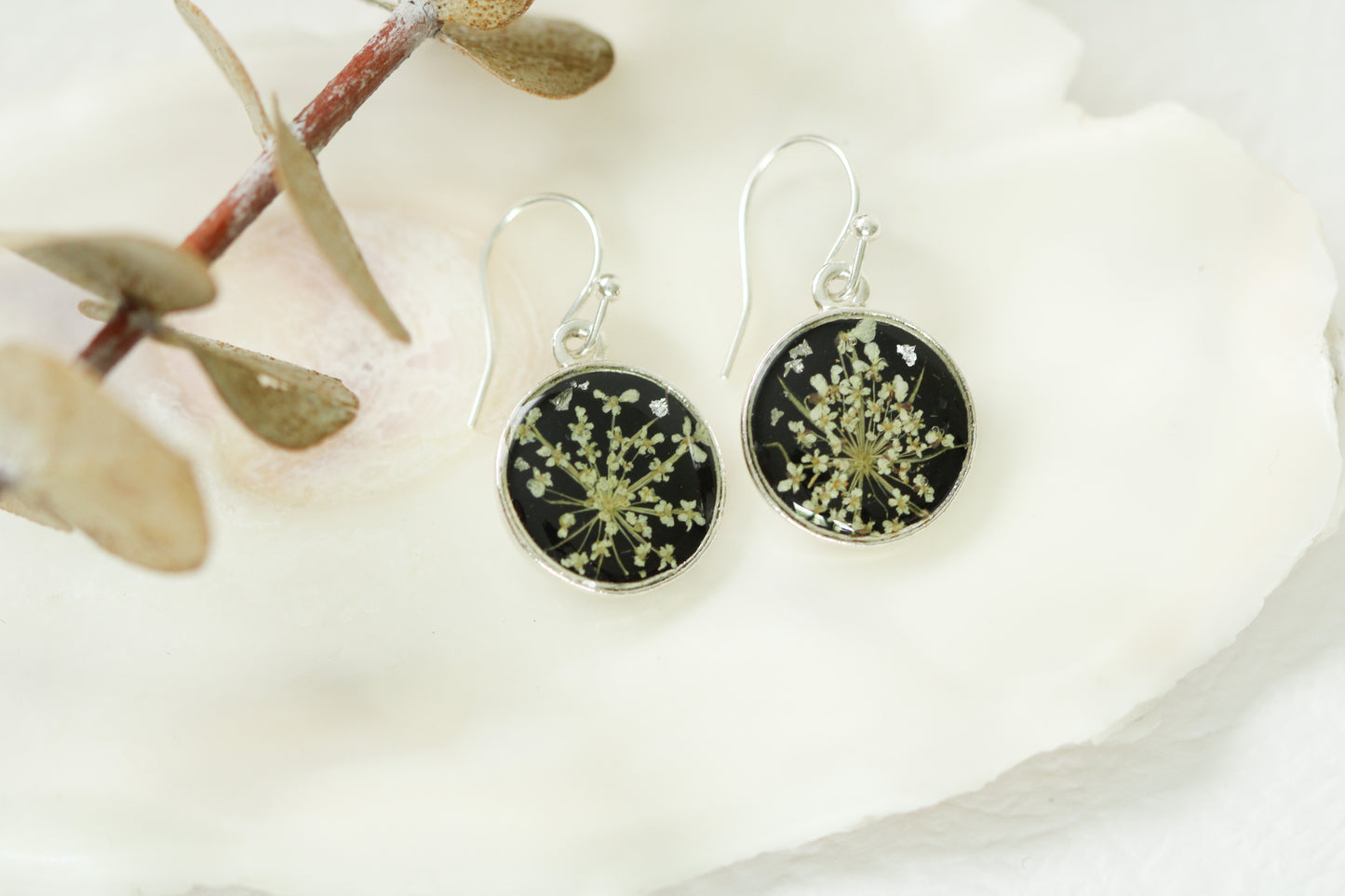 Real Queen Anne’s Lace Circle Earrings in Black and Silver - Handmade Resin and Flower Earrings