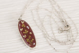 Burgundy and Silver Long Oval Pendant with Flowers
