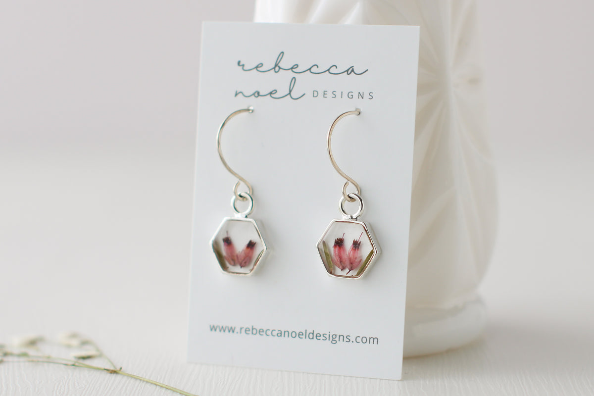 Silver Hexagon Earrings with Dried Heather