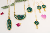 Dark Green and Gold Botanical Earrings with Dangle