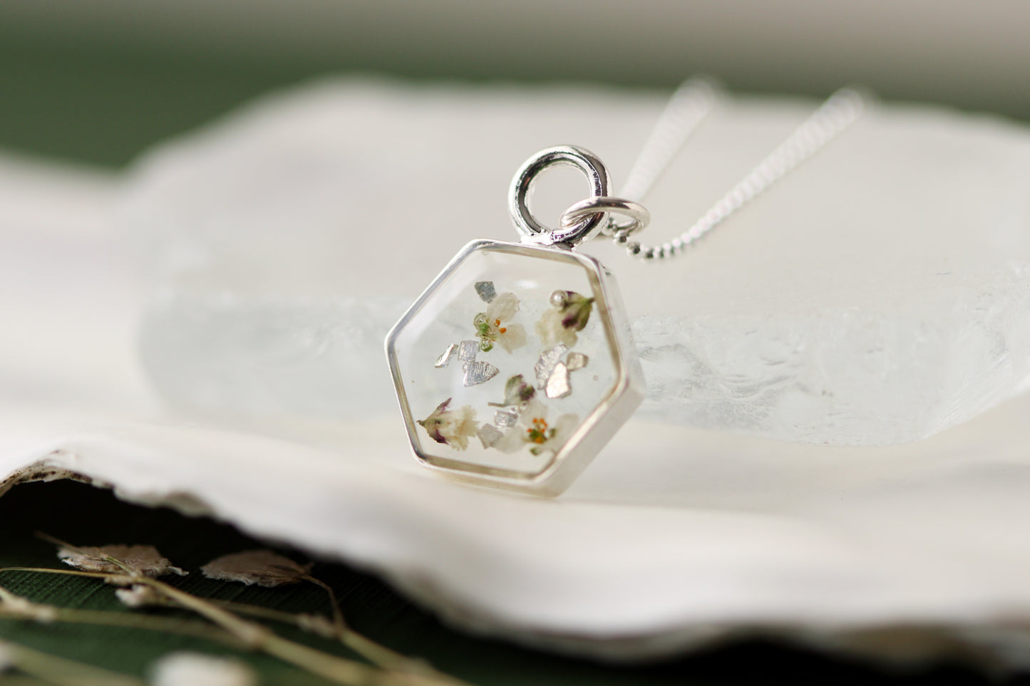 Silver Mini Hexagon Necklace with White Flowers