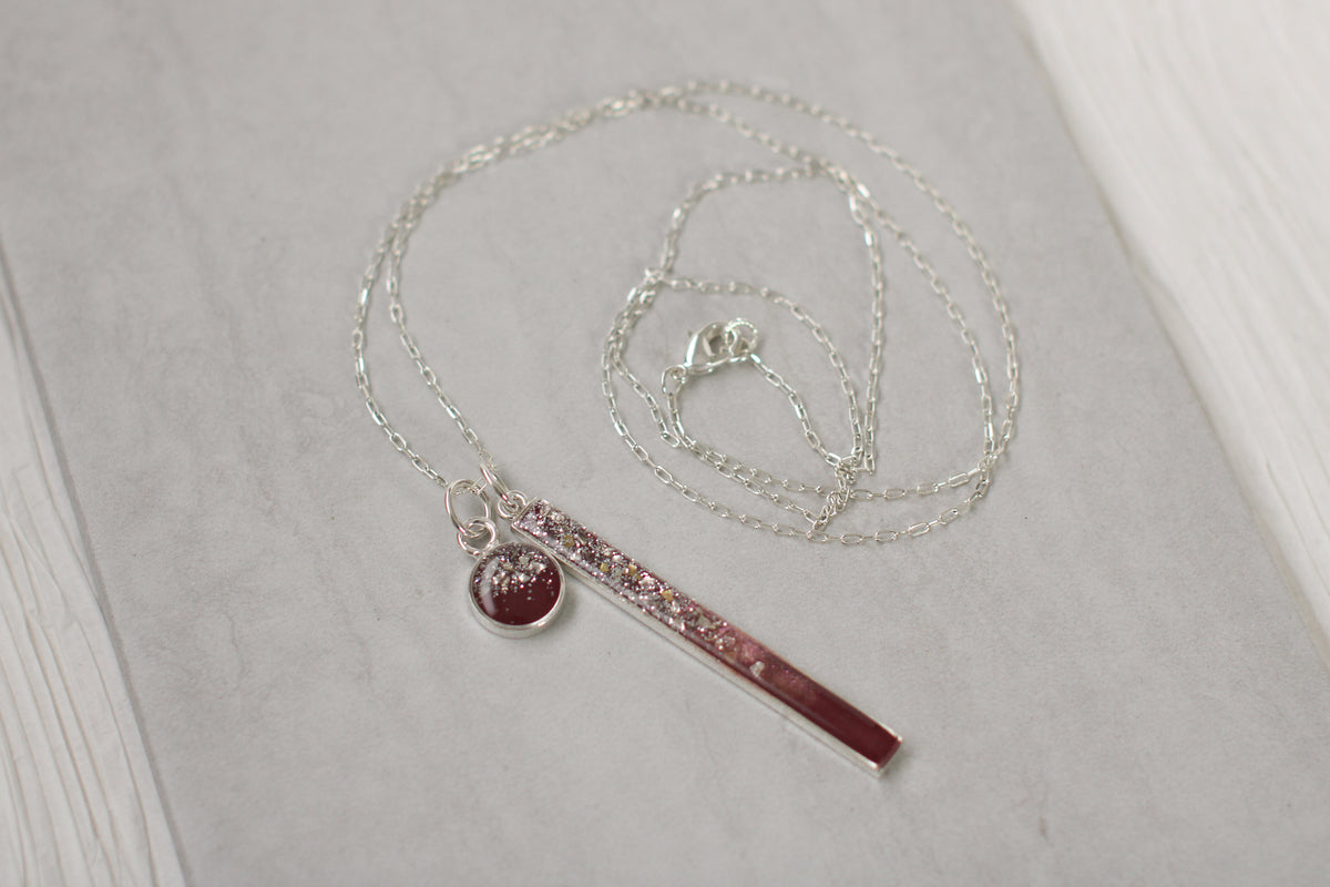 Silver and Burgundy Long Sparkly Bar Necklace