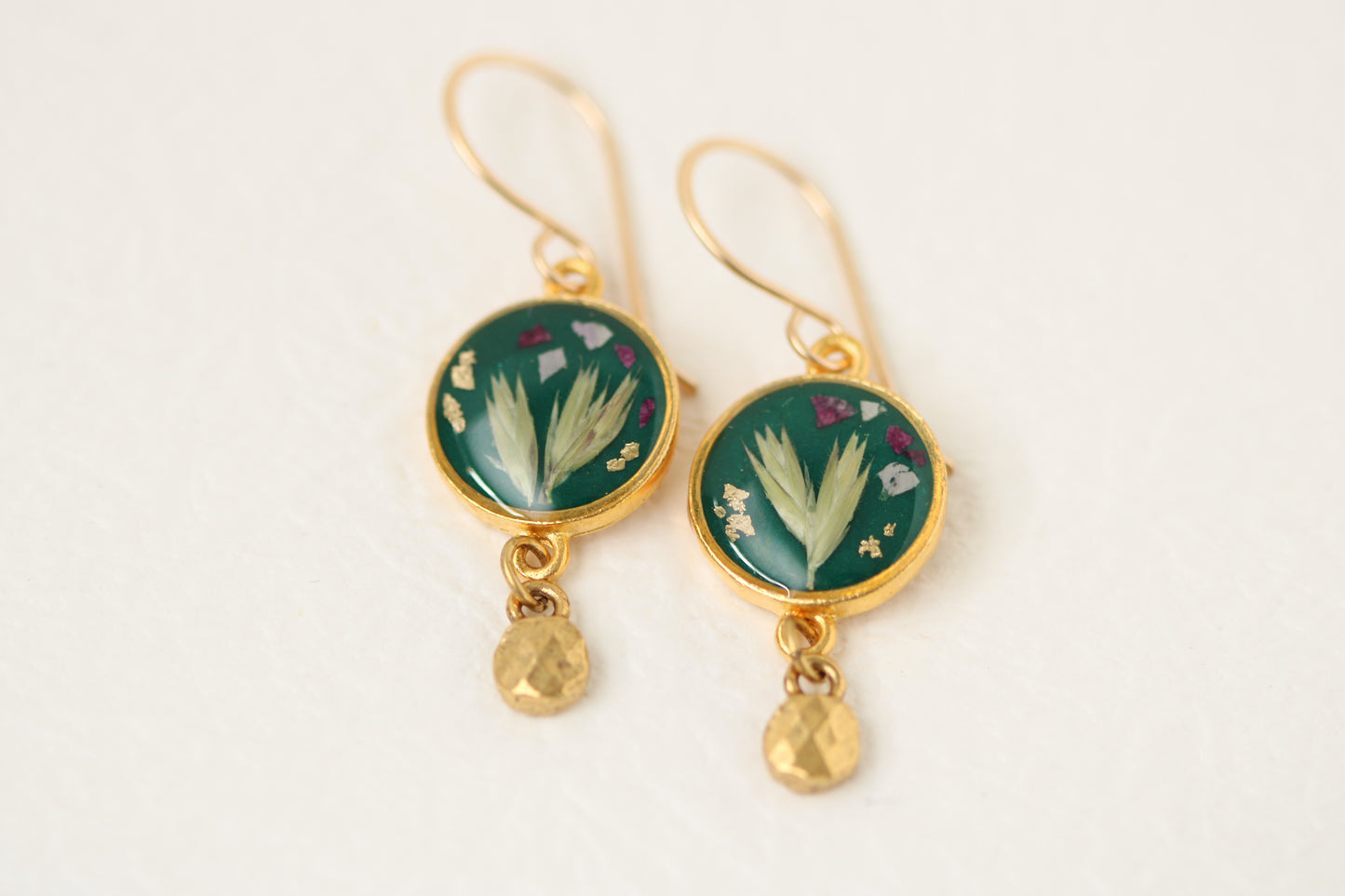 Dark Green and Gold Botanical Earrings with Dangle