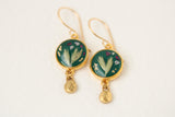 Dark Green and Gold Botanical Earrings with Dangle