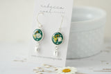Silver and Dark Green Circle Dangle Earrings with Yellow Flowers