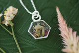 Mini Hexagon Necklace with Pink Flowers in Silver