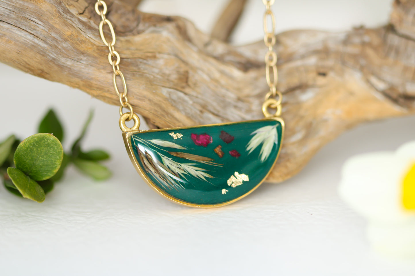 Dark Green Half Moon Botanical Necklace