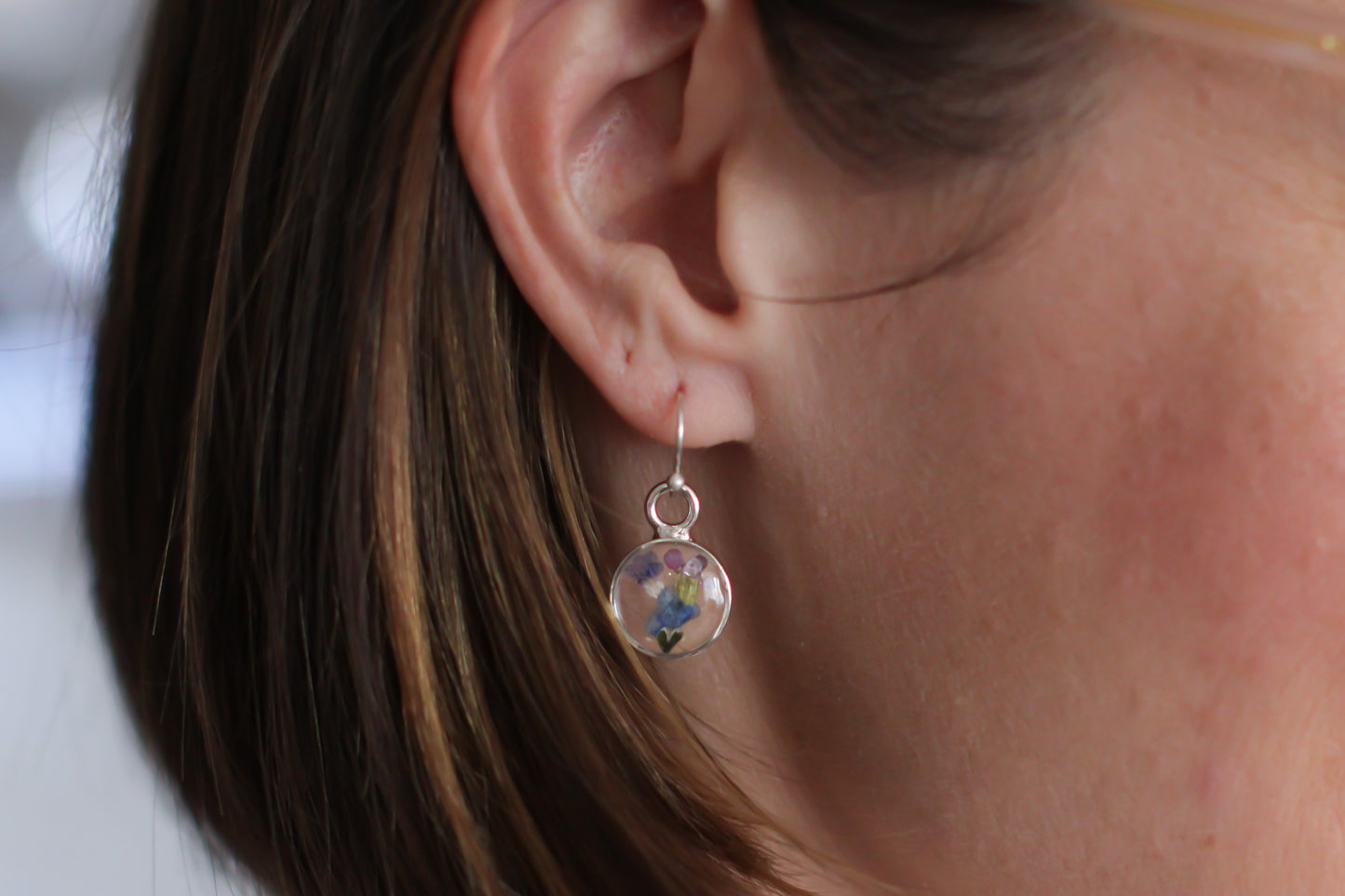 Silver Mini Circle Earrings with Flower Mix