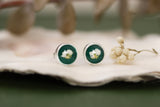 silver and dark green circle stud earrings with white dried alyssum flower handmade in clay with resin