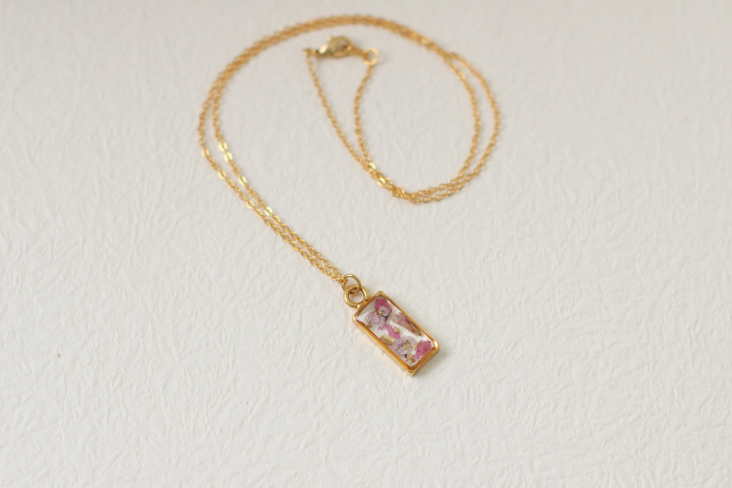 Gold Mini Rectangle Necklace with Pink and Purple Flowers | Handmade Resin Floral Necklace