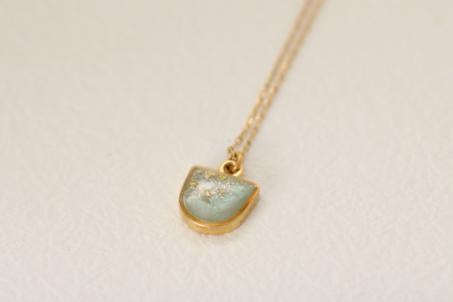 Gold and Sage Shimmer Half Oval Necklace | Handmade Resin and Clay Jewelry