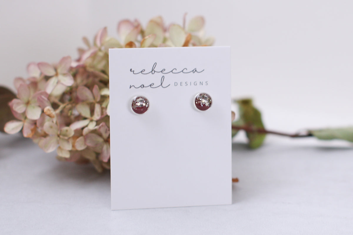 Burgundy and Silver Sparkly Stud Earrings