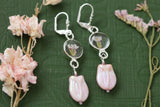 silver and purple long dangle earrings with pressed flower in resin and tulip flower bead