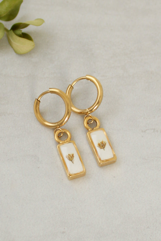 Gold and White Clutch Hoop Earrings with Tiny Flower | Handmade Resin and Flower Earrings