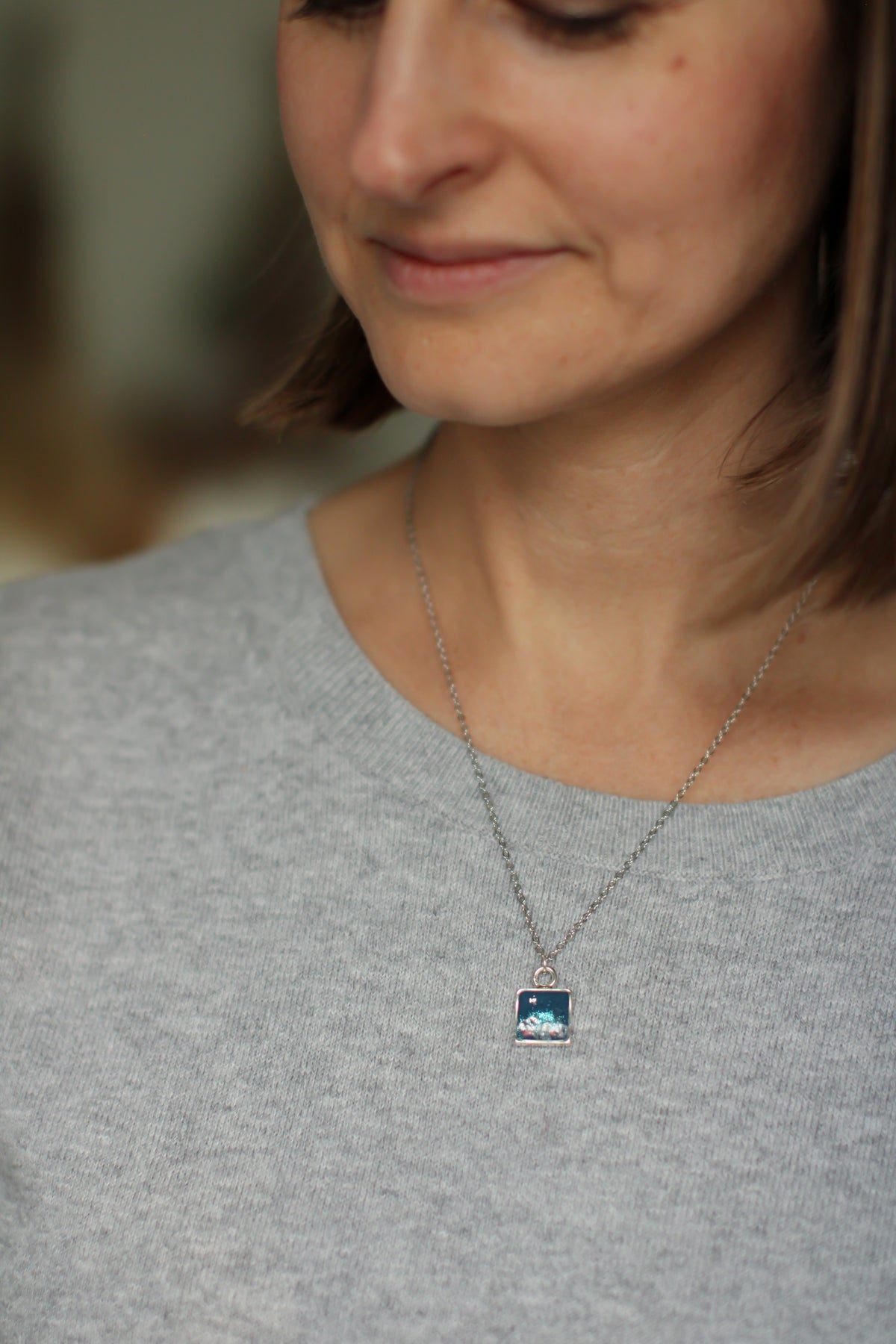 Blue Shimmer Tiny Square Pendant Necklace