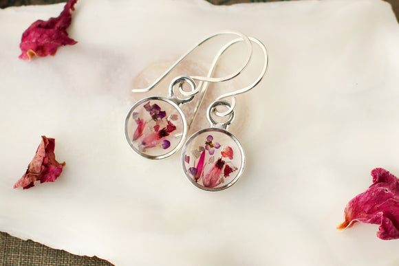 Pink Flower Mix Silver Mini Circle Earrings