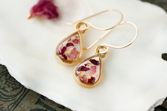Dried Rose Petal Teardrop Earrings in Gold