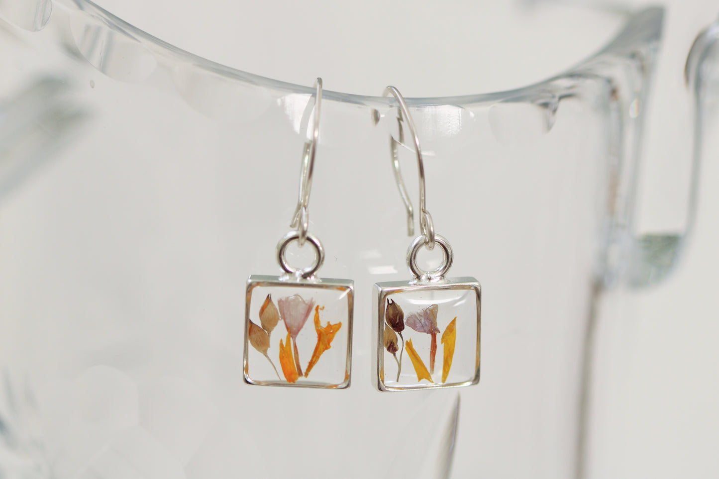 Silver Square Botanical Resin Earrings with Marigold, Statice and Sorghum | Handmade Resin Floral Earrings