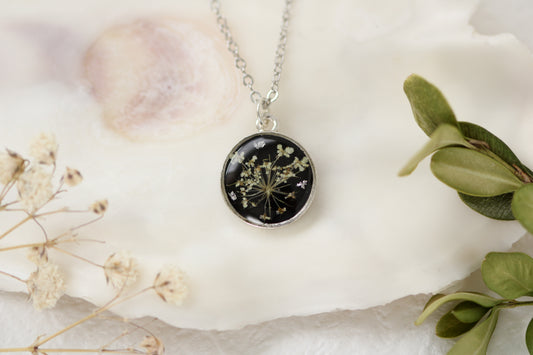 Real Queen Anne’s Lace Circle Necklace in Black and Silver - Handmade Resin and Flower Necklace