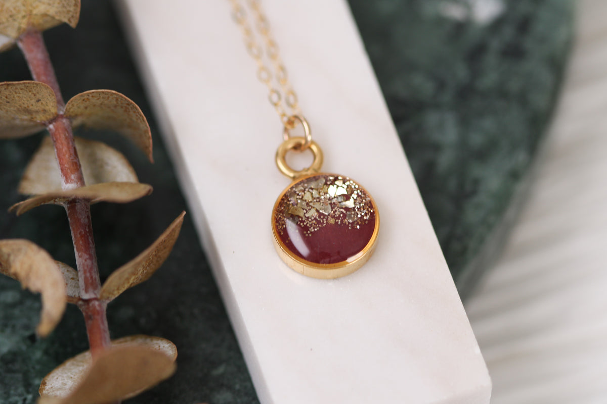Burgundy and Gold Glitter Circle Pendant Necklace | Handmade Resin and Clay Charm Necklace