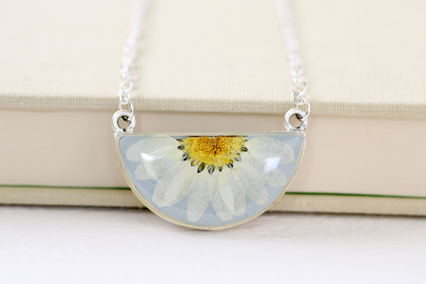 Light Blue and Silver Daisy Half Moon Necklace | Handmade Resin and Flower Necklace