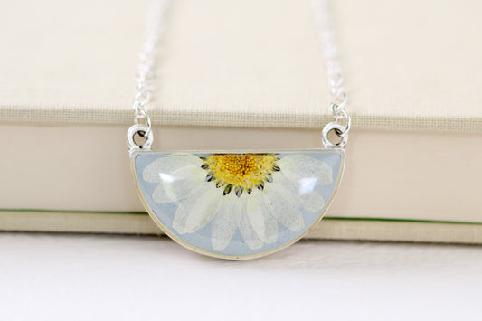 Light Blue and Silver Daisy Half Moon Necklace | Handmade Resin and Flower Necklace