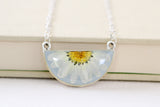 Light Blue and Silver Daisy Half Moon Necklace | Handmade Resin and Flower Necklace