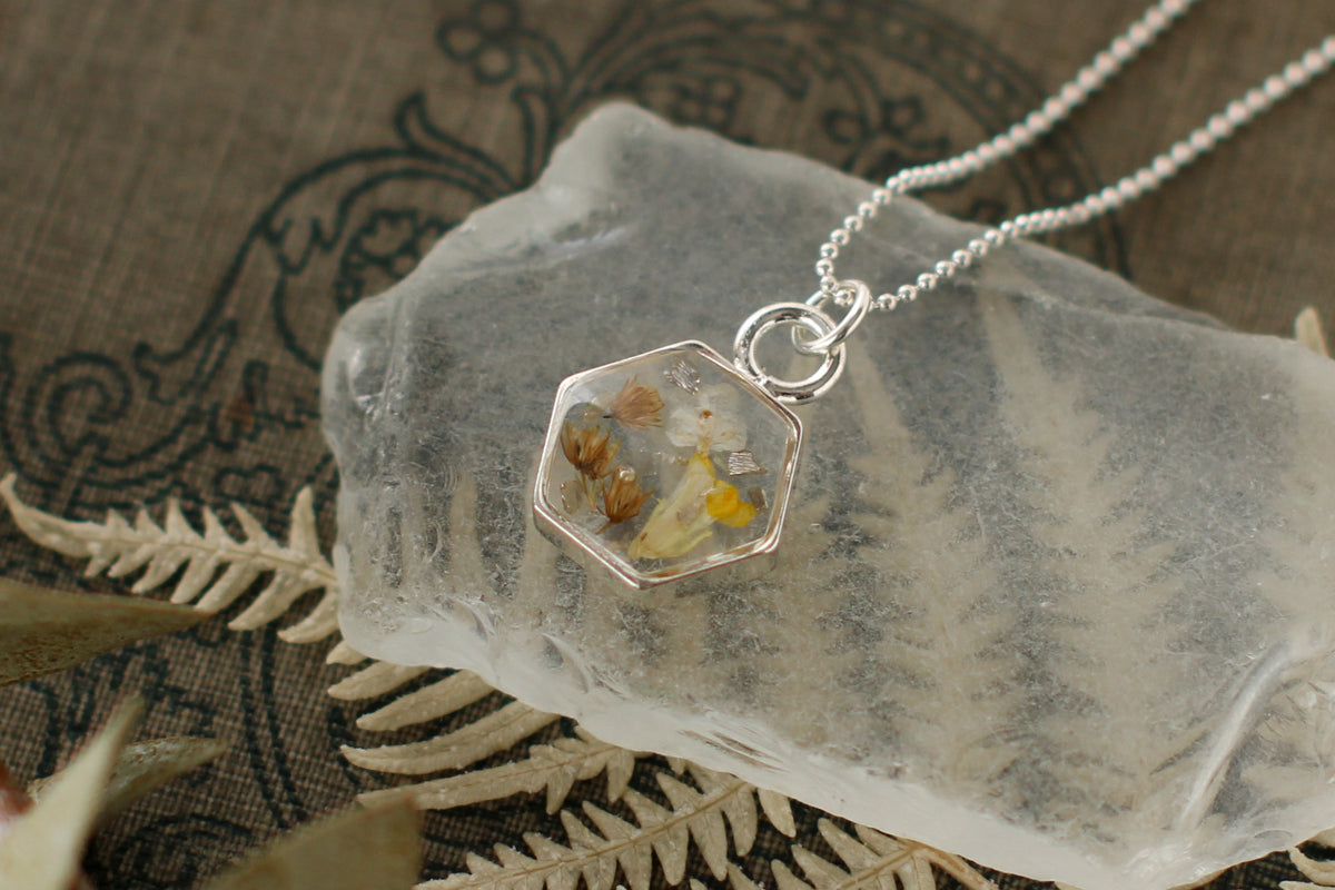 Mini Silver Hexagon Necklace with Yellow Flowers