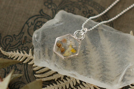 Mini Silver Hexagon Necklace with Yellow Flowers