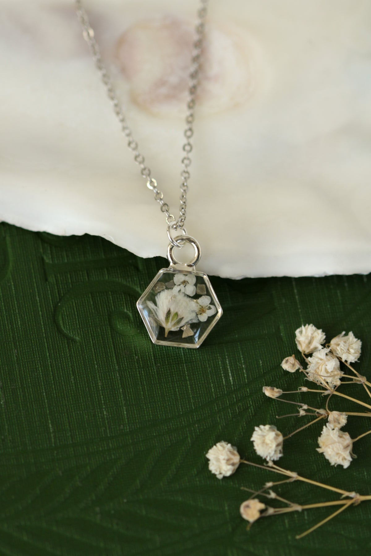 Silver Mini Hexagon Necklace with White Flowers