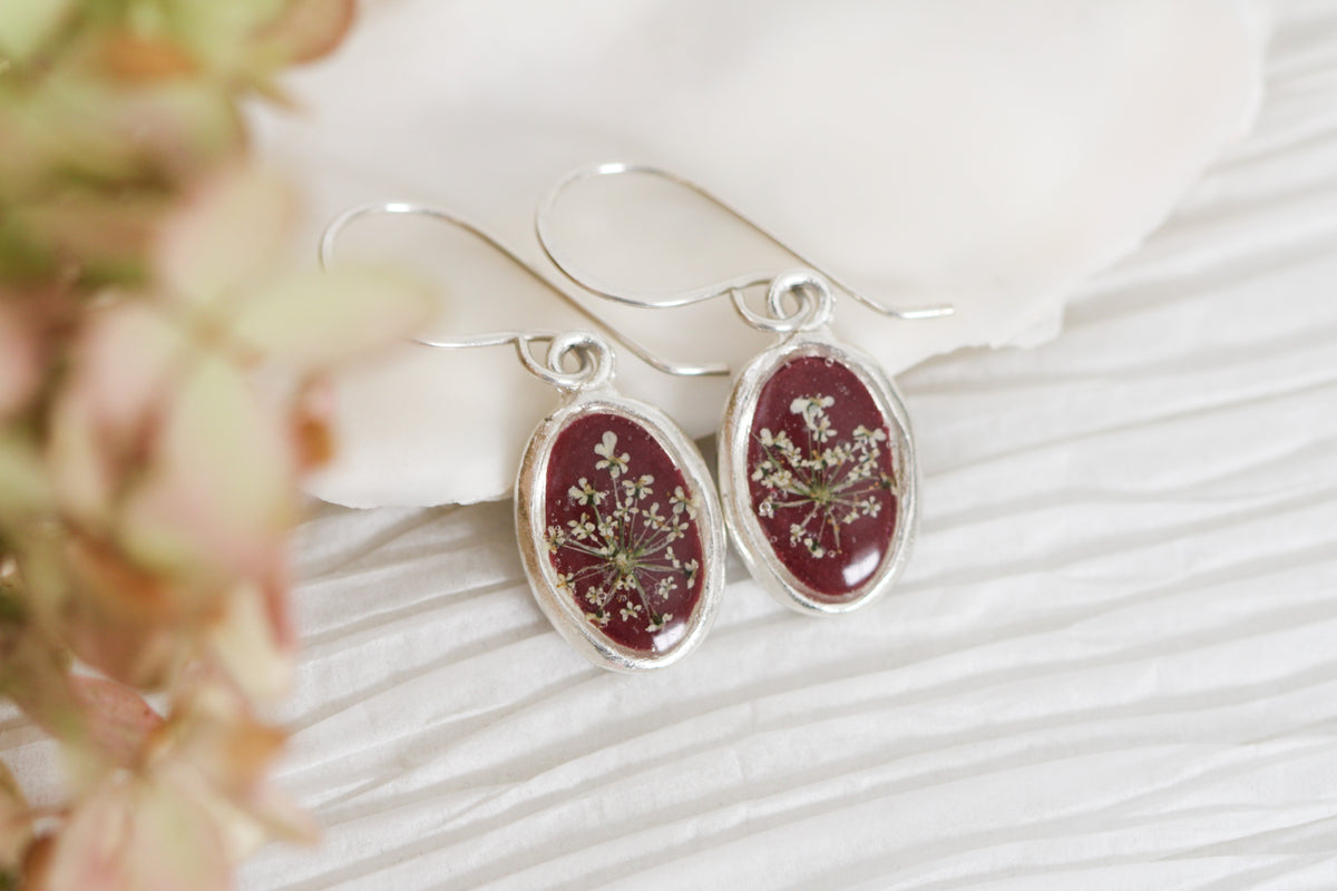 Burgundy Queen Anne’s Lace Tiny Oval Earrings in Silver- Real Flowers in Resin Handmade Earrings