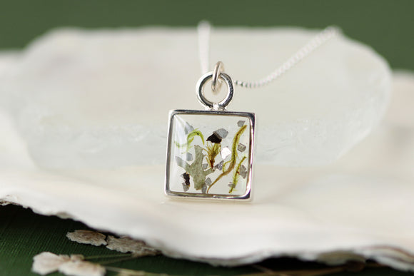 Moss and Lichen Silver Mini Square Necklace